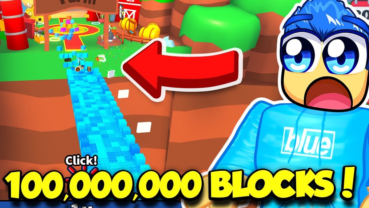 Build a Bridge Together gameplay showing a player smashing colorful block stacks with a hammer on a floating island